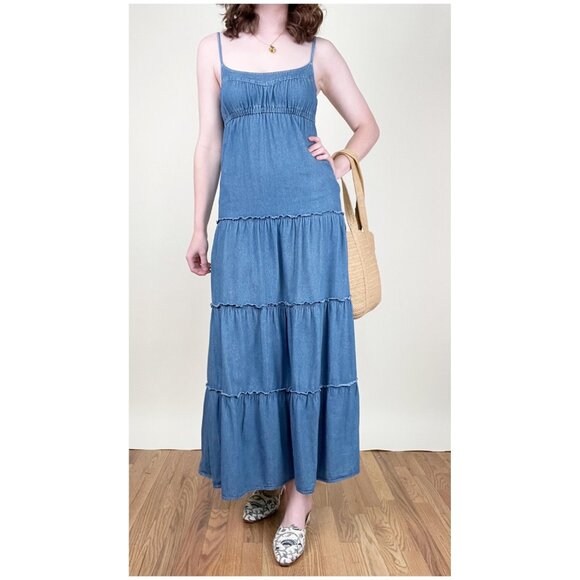 Vintage Tiered Maxi Denim Jean Dress Boho Coastal Cowgirl Western Bohemian Beach - Picture 9 of 9